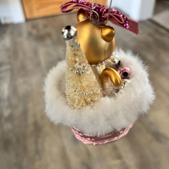Whimsical Pink & Gold Christmas Kitty Cat Pink Basket Tree Ornament 4"H - Picture 2 of 5
